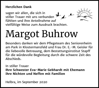 Traueranzeige von Margot Buhrow von Mitteldeutsche Zeitung Mansfelder Land