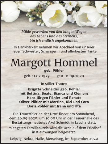 Traueranzeige von Margott Hommel von Mitteldeutsche Zeitung Naumburg/Nebra