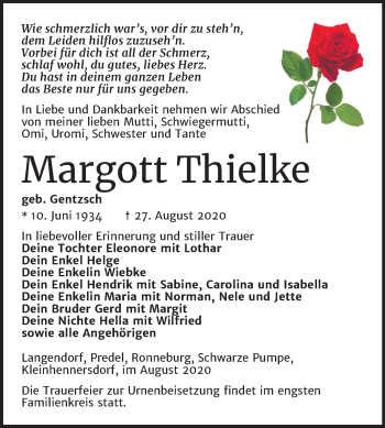 Traueranzeige von Margott Thielke von Mitteldeutsche Zeitung Zeitz