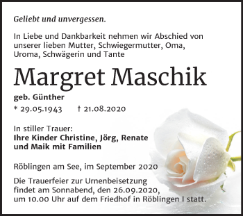 Traueranzeige von Margret Maschik von Mitteldeutsche Zeitung Mansfelder Land