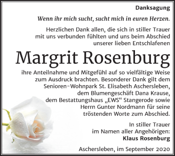 Traueranzeige von Margrit Rosenburg von Super Sonntag Aschersleben