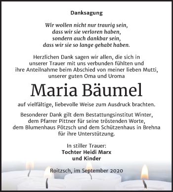 Traueranzeige von Maria Bäumel von Wochenspiegel Bitterfeld