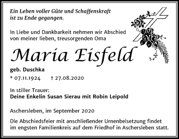 Traueranzeige von Maria Eisfeld von Mitteldeutsche Zeitung Aschersleben