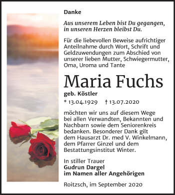 Traueranzeige von Maria Fuchs von Wochenspiegel Bitterfeld