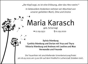 Traueranzeige von Maria Karasch von Mitteldeutsche Zeitung Mansfelder Land