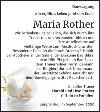 Traueranzeige von Maria Rother von Wochenspiegel Naumburg/Nebra