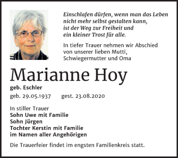 Traueranzeige von Marianne Hoy von Mitteldeutsche Zeitung Wittenberg