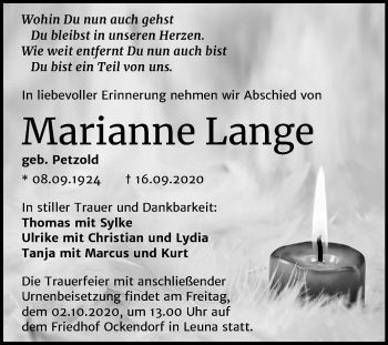 Traueranzeige von Marianne Lange von Mitteldeutsche Zeitung Merseburg/Querfurt