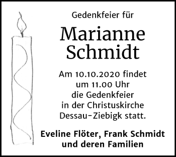 Traueranzeige von Marianne Schmidt von Mitteldeutsche Zeitung Dessau-Roßlau