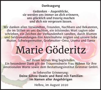 Traueranzeige von Marie Göderitz von Mitteldeutsche Zeitung Mansfelder Land