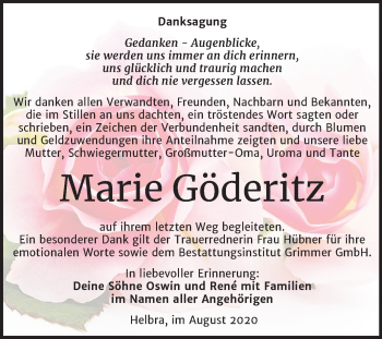 Traueranzeige von Marie Göderitz von Super Sonntag Mansfelder Land