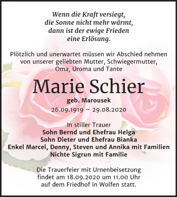 Traueranzeige von Marie Schier von Mitteldeutsche Zeitung Bitterfeld