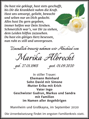 Traueranzeige von Marika Albrecht von Mitteldeutsche Zeitung Merseburg/Querfurt
