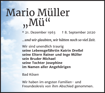 Traueranzeige von Mario Müller von Wochenspiegel Naumburg/Nebra