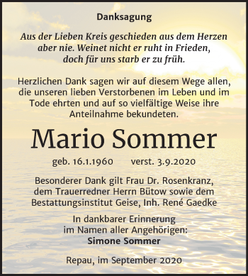 Traueranzeige von Mario Sommer von Super Sonntag Köthen