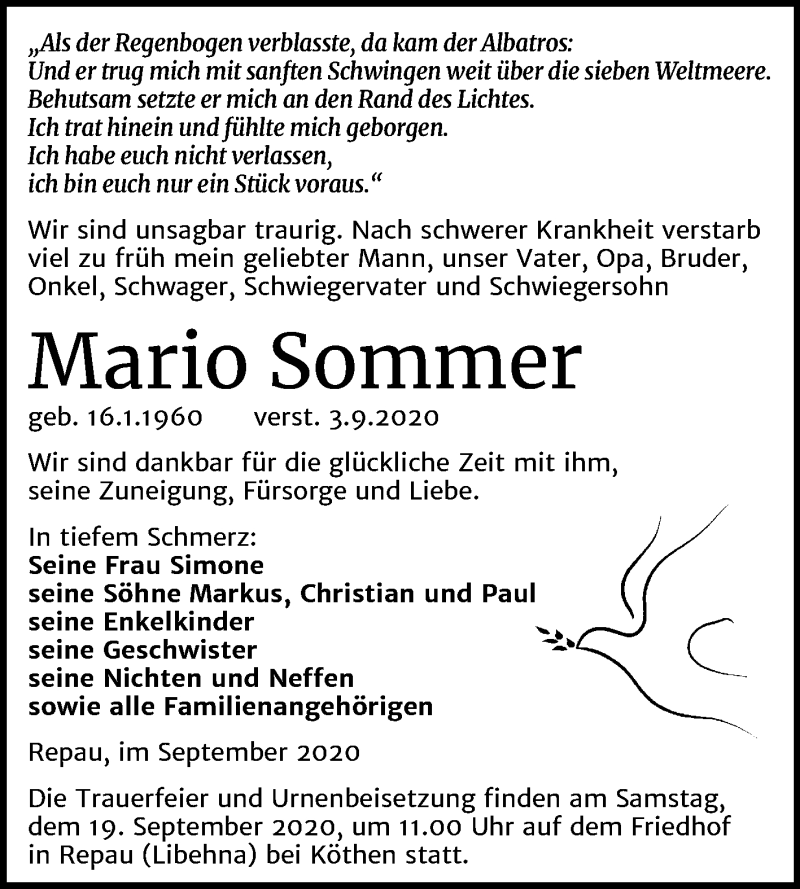  Traueranzeige für Mario Sommer vom 09.09.2020 aus Mitteldeutsche Zeitung Köthen