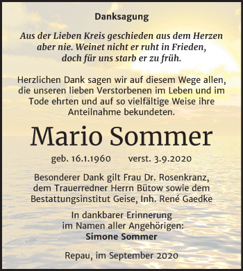 Traueranzeige von Mario Sommer von Mitteldeutsche Zeitung Köthen
