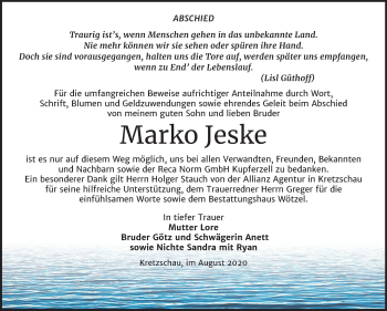 Traueranzeige von Marko Jeske von Super Sonntag Zeitz