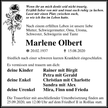 Traueranzeige von Marlene Olbert von Mitteldeutsche Zeitung Dessau-Roßlau