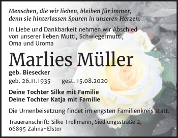 Traueranzeige von Marlies Müller von Super Sonntag Wittenberg