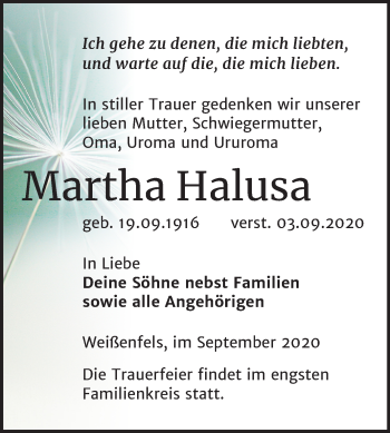 Traueranzeige von Martha Halusa von Wochenspiegel Weißenfels