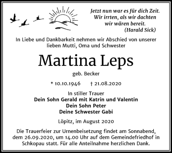 Traueranzeige von Martina Leps von Super Sonntag Merseburg/Querfurt
