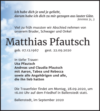 Traueranzeige von Matthias Pfautsch von Mitteldeutsche Zeitung Quedlinburg