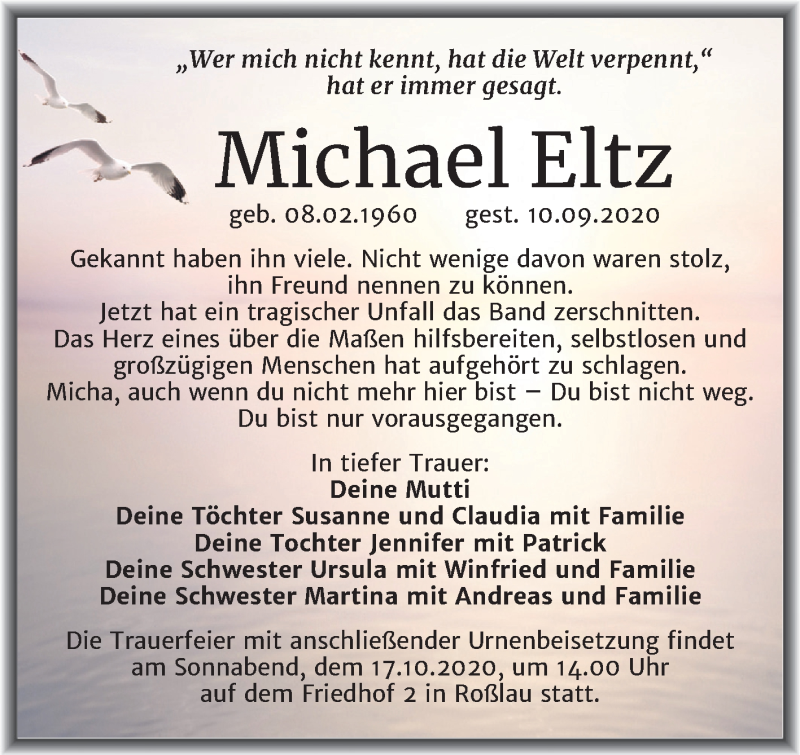  Traueranzeige für Michael Eltz vom 26.09.2020 aus Mitteldeutsche Zeitung Dessau-Roßlau