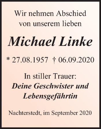 Traueranzeige von Michael Linke von Mitteldeutsche Zeitung Aschersleben