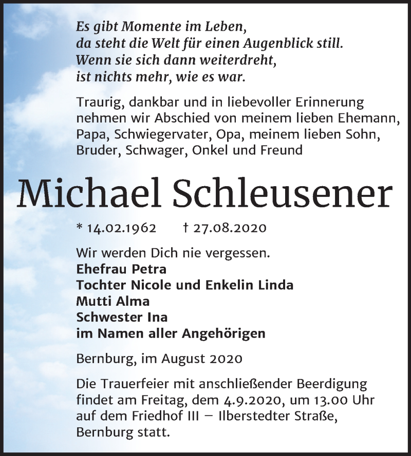  Traueranzeige für Michael Schleusener vom 01.09.2020 aus Mitteldeutsche Zeitung Bernburg
