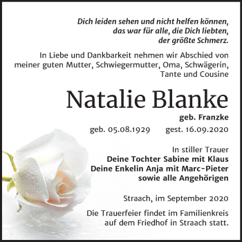 Traueranzeige von Natalie Blanke von Super Sonntag Wittenberg