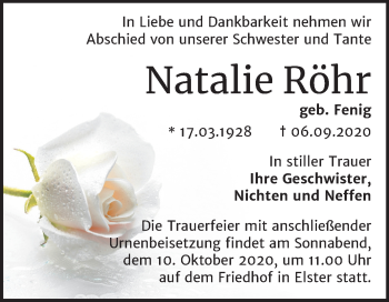 Traueranzeige von Natalie Röhr von Super Sonntag Wittenberg