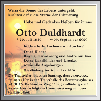 Traueranzeige von Otto Duldhardt von Super Sonntag Quedlinburg