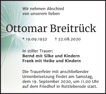 Traueranzeige von Ottomar Breitrück von Mitteldeutsche Zeitung Sangerhausen