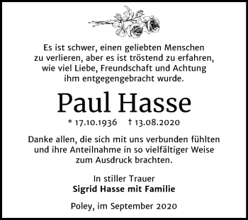 Traueranzeige von Paul Hasse von Mitteldeutsche Zeitung Bernburg