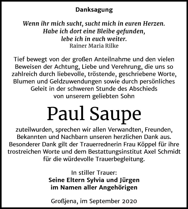  Traueranzeige für Paul Saupe vom 16.09.2020 aus Wochenspiegel Naumburg/Nebra