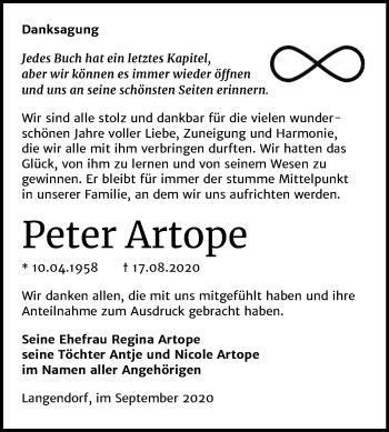 Traueranzeige von Peter Artope von Wochenspiegel Weißenfels