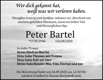 Traueranzeige von Peter Bartel von Super Sonntag Dessau-Roßlau