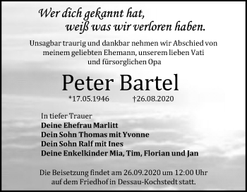 Traueranzeige von Peter Bartel von Mitteldeutsche Zeitung Dessau-Roßlau