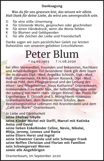 Traueranzeige von Peter Blum von Mitteldeutsche Zeitung Wittenberg