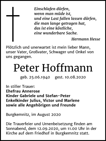 Traueranzeige von Peter Hoffmann von Wochenspiegel Bitterfeld