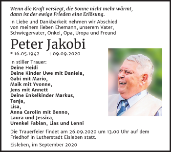 Traueranzeige von Peter Jakobi von Mitteldeutsche Zeitung Mansfelder Land