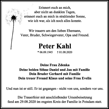 Traueranzeige von Peter Kahl von Mitteldeutsche Zeitung Bernburg