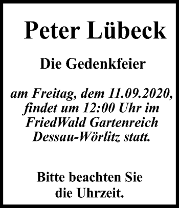 Traueranzeige von Peter Lübeck von Super Sonntag Dessau-Roßlau