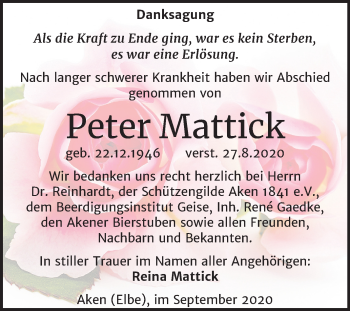 Traueranzeige von Peter Mattick von Mitteldeutsche Zeitung Köthen