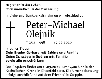 Traueranzeige von Peter-Michael Olejnik von Wochenspiegel Bitterfeld