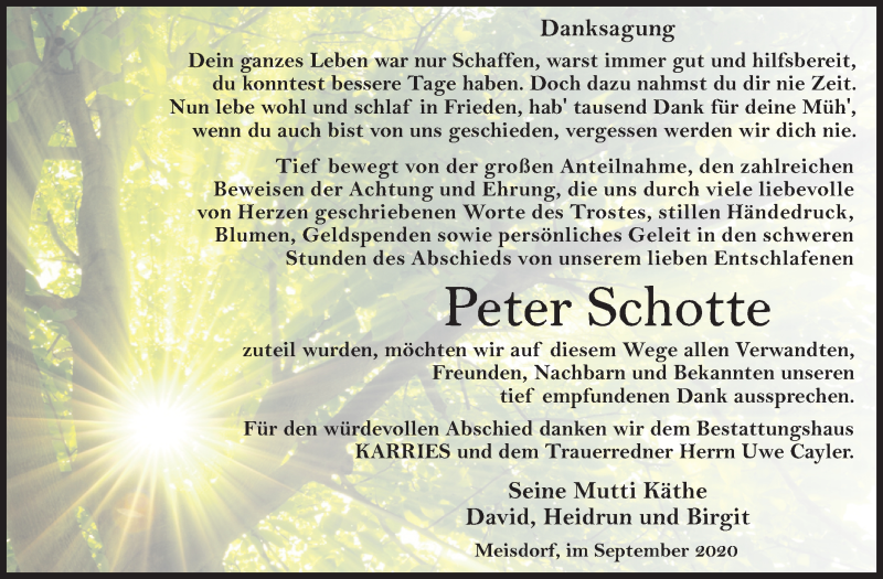  Traueranzeige für Peter Schotte vom 12.09.2020 aus Mitteldeutsche Zeitung Quedlinburg