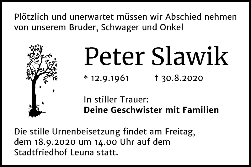  Traueranzeige für Peter Slawik vom 05.09.2020 aus Super Sonntag Merseburg/Querfurt