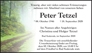 Traueranzeige von Peter Tetzel von Super Sonntag Quedlinburg