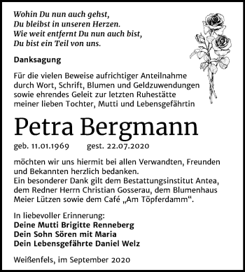 Traueranzeige von Petra Bergmann von Mitteldeutsche Zeitung Weißenfels
